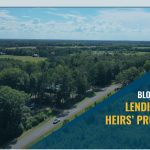 Aerial view of a rural landscape with fields and trees, with a blue diagonal overlay on the right reading 'BLOG SERIES: LENDING FOR HEIRS' PROPERTY'