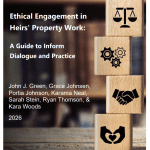 Book cover for 'Ethical Engagement in Heirs' Property Work: A Guide to Inform Dialogue and Practice' with authors listed; wooden blocks show scales, gears, a handshake, and heart icon imagery.